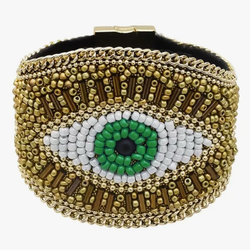 Gold and Turquoise Evil Eye Beaded Bracelet - 7.5” W - Picture 3 of 4